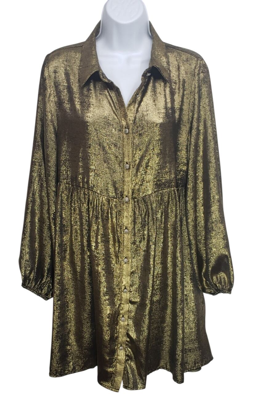 Boho 72 Gold Metallic Tunic Tiered Dress Womens S Balloon Sleeve Festival Cyber